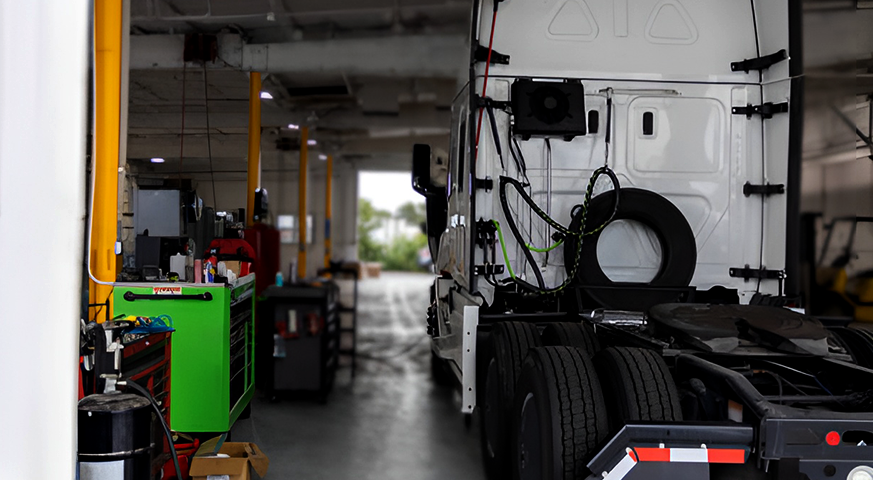 A semi-truck undergoing maintenance inside a repair shop, with tools and equipment visible in the foreground, highlighting a DEF system service in Gary, IN.