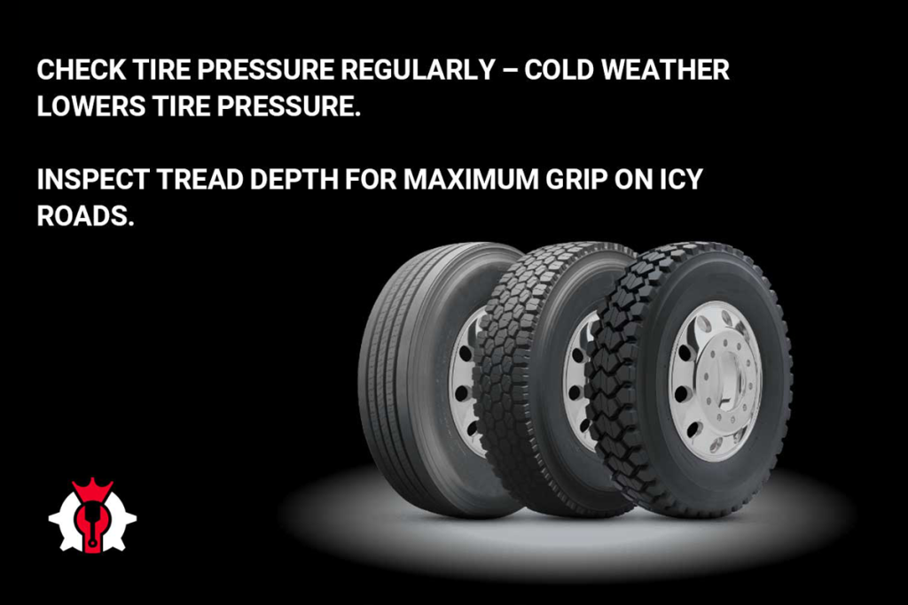 Three truck tires displayed on a black background, emphasizing the importance of checking tire pressure and tread depth for winter driving.