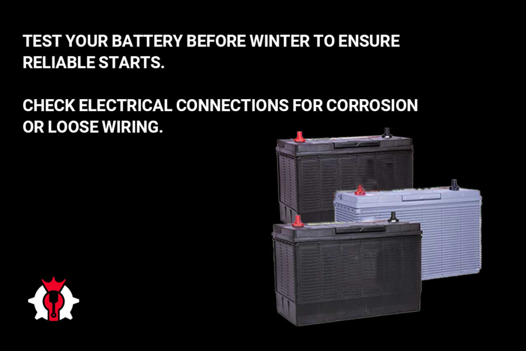 Three truck batteries displayed on a black background, emphasizing the importance of winter preparation with battery testing and maintenance.