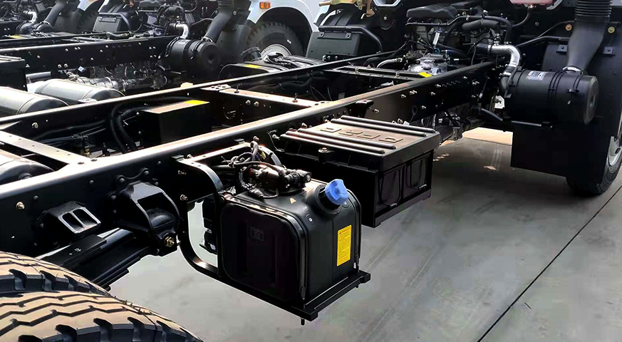 Diesel Exhaust Fluid (DEF) tank and chassis components of a truck, showcasing the system's critical elements for emission compliance and maintenance.