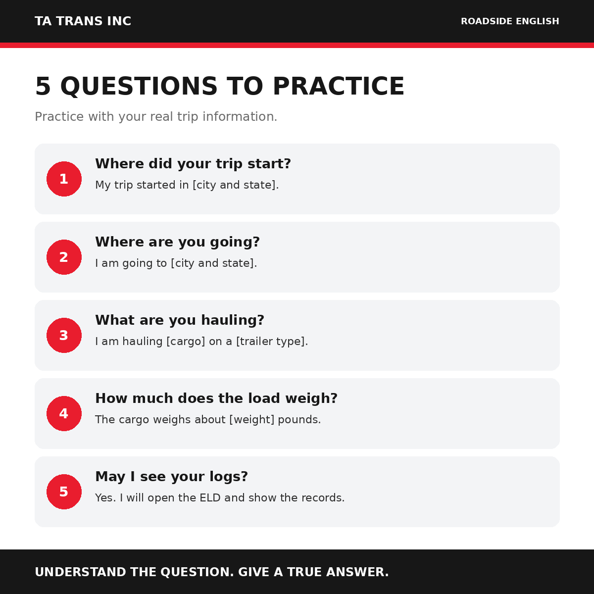 Five common roadside inspection questions with simple English answer examples for truck drivers