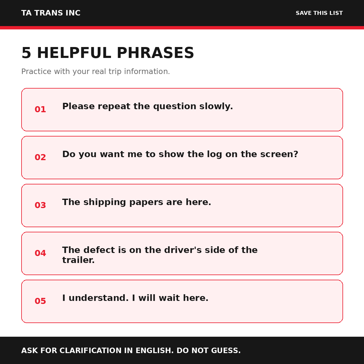 Five helpful English phrases truck drivers can use during a roadside inspection