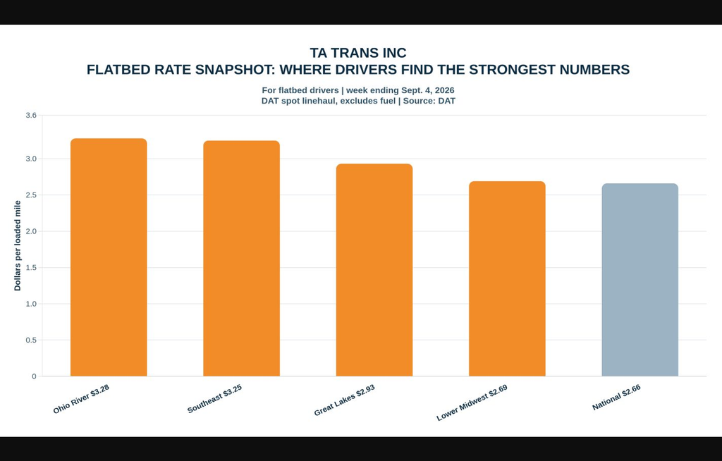 TA Trans Inc driver brief: September 2026 flatbed spot linehaul averages were $3.28 in the Ohio River, $3.25 in the Southeast, $2.93 in the Great Lakes, and $2.69 in the Lower Midwest.