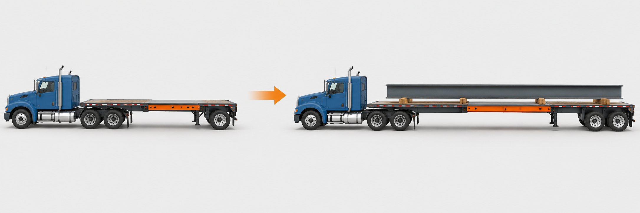 Illustration comparing a retracted stretch flatbed with the same trailer extended to support a long steel beam