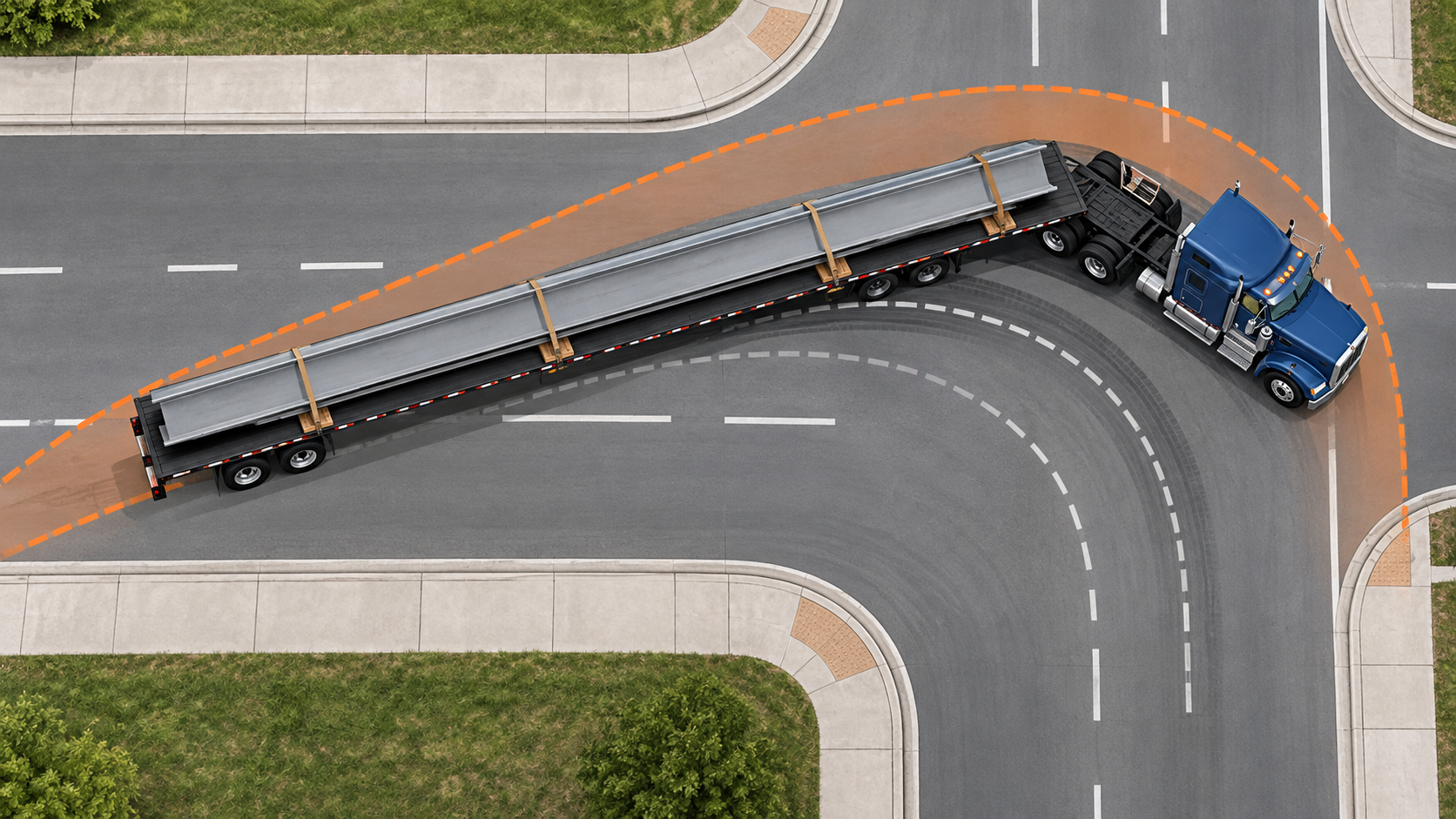 Overhead illustration of an extended flatbed trailer making a wide right turn with extra clearance